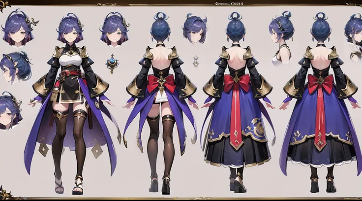 masterpiece, character reference sheet, best character design sheet, 1 woman, 20 years old, ((granblue fantasy character)), wearing blade and soul and granada espada hybrid costume, complete full body, ((1 perpective view and 1 front view and 1 back view o...