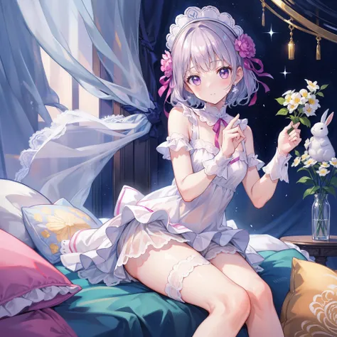 absurderes,(​masterpiece、top-quality、8K ),intricate detailes,ultra-detailliert、1 cute beautiful boy、embarrassed from、silber hair、Pattsun bangs、Short hairstyle、Blouse with white frills、White shorts、white knee highs、On the bed、Cute stuffed rabbit、Large white...