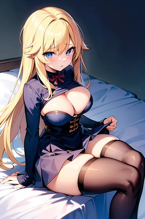 (masterpiece), best quality, expressive eyes, perfect face, anime girl with blonde hair and black stockings sitting on a bed, seductive anime girl, medium_oppai, beautiful alluring anime woman, hajime yatate, emale anime character, official anime still, be...