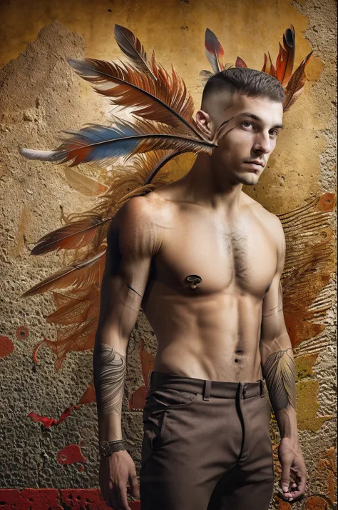 vintage dirty red backdrop, indoor, detailed body, color imagery, (((((full body view))))), a surrealist photo, looking across the shoulder, leaked, naked, from head to toe, homoerotic, there is a young man with a tattoo on his arm, flying teapots, digital...