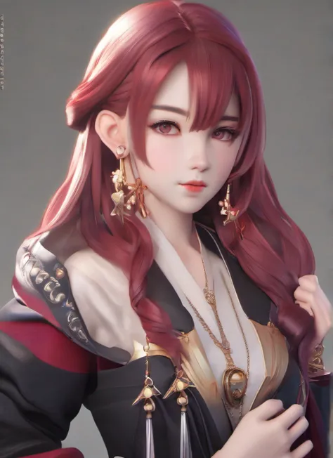 masterpiece, best quality, 1 girl, purple eyes, pale skin, red hair, wavy hair, long hair, gold earrings, red nice clothes, simple background, solo, upper body