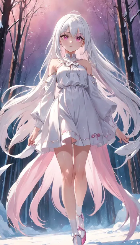 long snow-white hair，Eight bangs，teens girl，quadratic element，Gentleness，pure，ellegance，Green，Pink eyes，18year old，Poor milk，long legs in white silk，Straight legs，Thin leg，plain white long dress，2D city background，White heels，Pink eyes，flat-chest ，Dignifie...