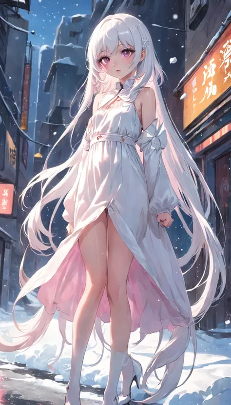 long snow-white hair，Eight bangs，teens girl，quadratic element，Gentleness，pure，ellegance，Green，Pink eyes，18year old，Poor milk，long legs in white silk，Straight legs，Thin leg，plain white long dress，2D city background，White heels，Pink eyes，flat-chest ，Dignifie...