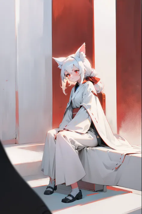 Fox girl，white color hair，inquisitive，long white robe，Look up，frontage，horse tailed，Sit on your knees，red color eyes