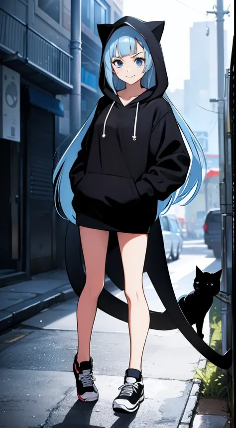 Masterpiece, Best quality, 1girll, fun, Funny, Perfect face, Expressive eyes, Cute, Smiling,cheerfulness, naughty, Blue eyes, modern, Beautiful Kosis,Black hoodie, Hoodie,Cat EAS hoodie, Cat ears, Break the three corners, Light_Blue_Hair, Blunt bangs, Long...