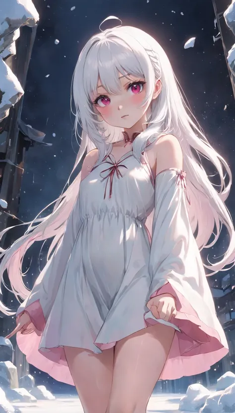 long snow-white hair，Eight bangs，teens girl，quadratic element，Gentleness，pure，ellegance，Green，Pink eyes，18year old，Poor milk，long legs in white silk，Straight legs，Thin leg，plain white long dress，2D city background，White heels，Pink eyes，flat-chest ，Dignifie...