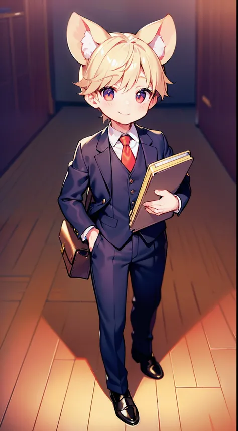 Little Mouse Boy, a happy, Smiling, first-grader, at the school, in a strict three-piece suit, with briefcase and flowers, Bamboo mouse ears, round face, Large silvery eyes, long eyelashes, blonde man, shingle, full body photographed, school classroom, Wom...