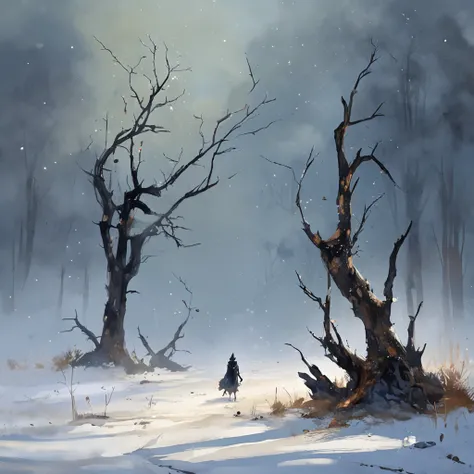 Two crows on a dead tree, A shadow shaped like a walker, Starry night, Thick fog on the ground, Blue light on the horizon, Unreal Engine 5, Cinematic, low angle photography, Motion blur, Depth of field, Dust, Cobblestones and dirt. Splash Art, dripping pai...