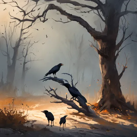 Two crows on a dead tree, A shadow shaped like a walker, Starry night, Thick fog on the ground, Blue light on the horizon, Unreal Engine 5, Cinematic, low angle photography, Motion blur, Depth of field, Dust, Cobblestones and dirt. Splash Art, dripping pai...