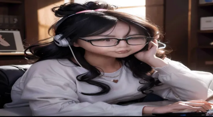 Arafeld asian woman wearing glasses and headphones using laptop, Guviz-style artwork, With glasses, high quality portrait, Realistic. Cheng Yi, wearing thin large round glasses, wavy long black hair and glasses, Realistic young anime girl, trending on cgst...