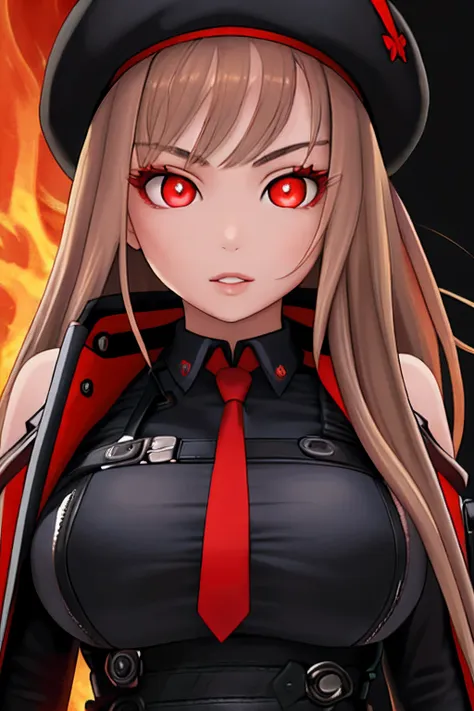 masterpiece, best quality, 1girl, solo, rapidef, rapi (nikke), close-up, upper body, parted lips, looking at viewer, glowing eyes, fire, red eyes