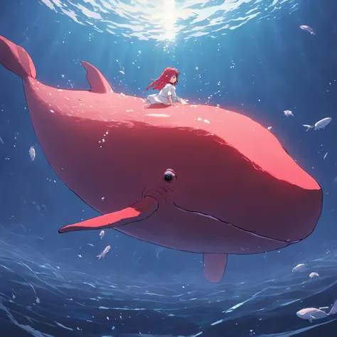 A fat red whale swimming alone in the ocean, Girl in white sitting on the back of a whale, fantastic atmosphere, Cute images, stereogram, high quality