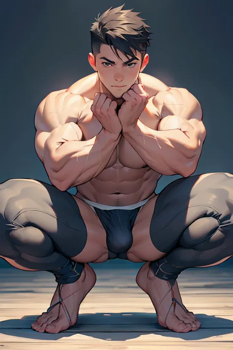 ((Best Quality, 8K, ultra-detailed, Masterpiece: 1.3)), 1boy, shiny skin, sharp, Perfect Body Beauty, realistic shaded perfect body, (cute baby face:1.1),("fundoshi, big bulge ":1.2),(dynamic pose:1.1), thigh , (bulge focus:1.2) ,squatting