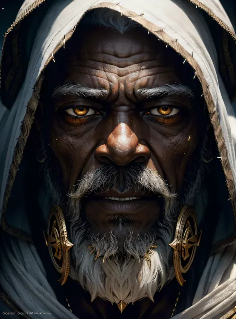 An epic close up portrait of African elderly intense sinister eyes, and nose with long white beard, framed with a faded ancient tattered white linen hood, reflecting gold sparks in the irises of the eyes, white eyebrows, at night, dramatic lighting, high c...