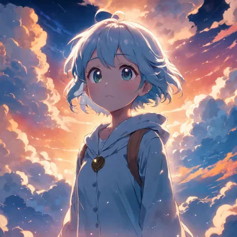 Masterpiece, Best Quality, Movie Stills, 1girl, Cloud Boy, Floating in the Sky, Close-up, Bright, Happy, Warm Soft Lights, Sunset, (Sparkle: 0.7)