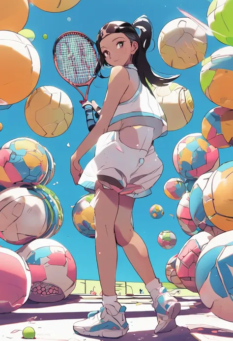 black hair, hair bobbles, wince, longeyelashes, solid circle eyes, light smile, tennis ball, playing tennis, White tennis suit, Bigchest, Long-haired girls, Surrealism, drop shadow, anaglyph, stereogram, tachi-e, pov, atmospheric perspective, 8k, super det...