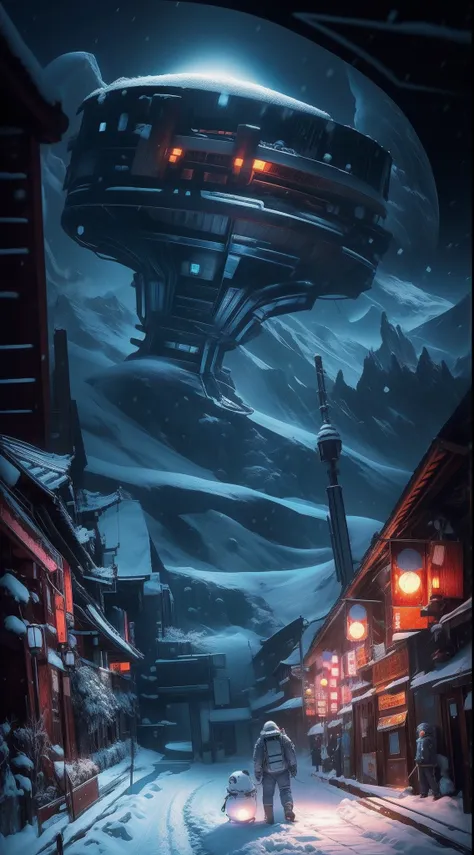 sci-fy，Moon，snow mountains，sense of science and technology，makina，conceptual drawing, cyber punk style,Concept art for the game, Lanterns，The sky is snowing，stray，The astronaut，pandas，Original Drawing，lamplight，Back shadow，snow mountains，Chinese architectu...