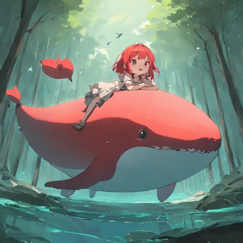 Fantastic atmosphere with a red-haired girl perched on a fat red whale, Cute images, A whale floating in the air, Fantastic forest backdrop