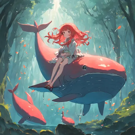 Fantastic atmosphere with a red-haired girl perched on a fat red whale, Cute images, A whale floating in the air, Fantastic forest backdrop