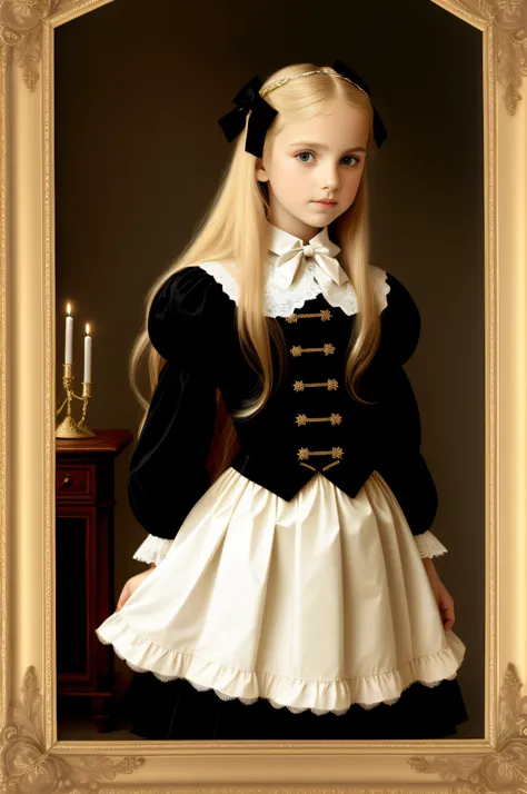 Europeans, Girls Children , Long blonde hair and bow，Layered skirt，Noble，opulent，cropped shoulders，Lace，picture frames，Portrait Madman，Lace