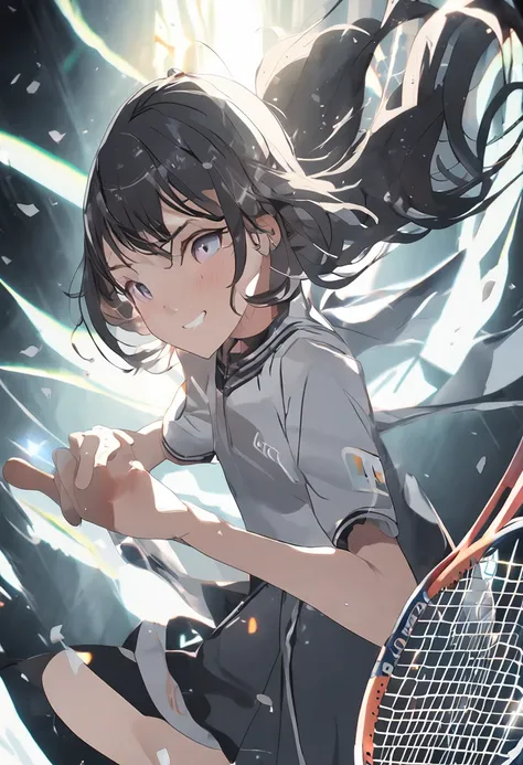 black hair, longeyelashes, solid circle eyes, light smile, tennis ball, playing tennis, White tennis suit, Bigchest, Long-haired girls, pov, atmospheric perspective, god rays, 8k, super detail, ccurate, best quality, UHD, retina, masterpiece, textured skin