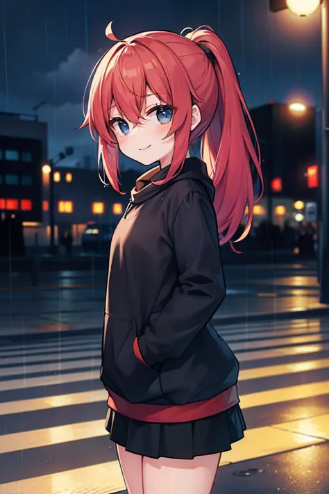 masterpiece, best quality, 1girl, elementary school student, long hair, (red hair), waist-length hair, ponytail, blue eyes, smiling, standing on the crosswalk, a crosswalk, Traffic light which the red lights on, ((raining)), ((in the night)), midnight, dar...