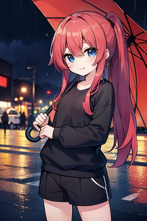 masterpiece, best quality, 1girl, elementary school student, long hair, ((red hair)), waist-length hair, ponytail, blue eyes, smiling, standing in the middle of the crosswalk, a crosswalk, Traffic light which the red lights on, ((raining)), ((in the night)...