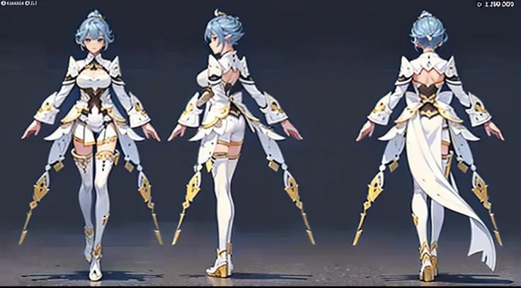 Glossy glossy skin， （Single background，white backgrounid：1.3），multiple views，Multiple views of the same character in the same costume：1.3。masterpiece, character reference sheet, best character design sheet, 1 woman, 20 years old, ((granblue fantasy charact...