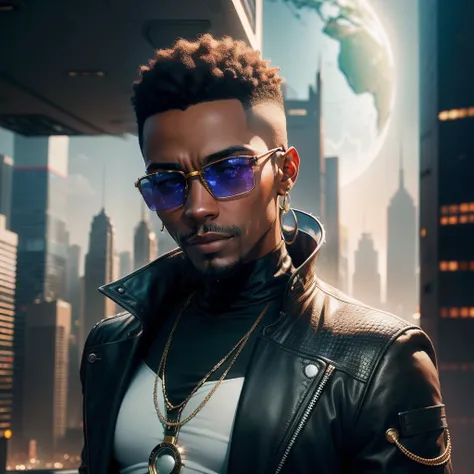 African male mixed race, futuristic sunglasses, 40 year old, in a futuristic city surrounded by skyscrapers. Man Ray, Global Travel, Layered Compositions, Tungsten Lighting, Vivid Markets