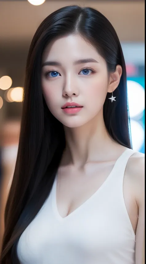 realistic photos of 1 cute Korean star, long hair slicked back, blue eyes, white skin, thin makeup, 32 inch breasts size, wearing v-neck tank top, pants, in the shopping mall, blur background, close-up portrait, UHD