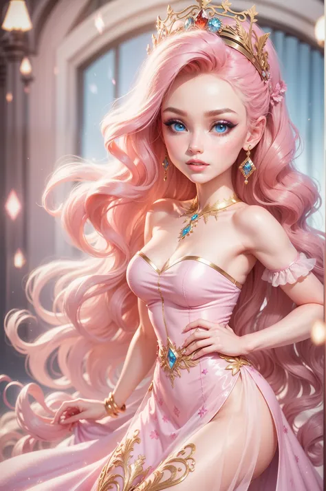 Very beautiful Disney princess, Delicate skin, Big blue eyes, Delicate makeup, Barbie Girl, Shorter neck，Neck accessories.3D, Glossy, Golden curls, Diamond headbands, Pink sequined gauze dress, Noble and elegant, Clear facial details, in pastel shades, gli...