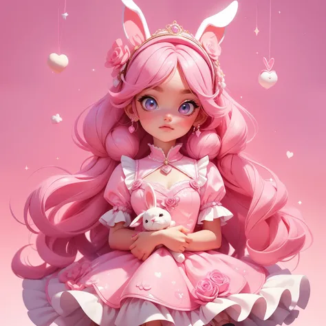 An image of a girl in a light pink dress holding a teddy bear,Pink Long Hair，fairy core, Hinged doll with ball, Sweet surreal rabbit, portrait of magical lolita girl, style of magical girl, Beautiful light pink alien girl, Lolita style, Soft pink, kawaii a...