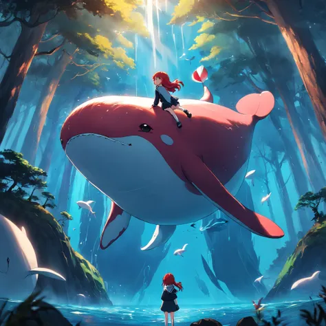 Fantastic atmosphere with a red-haired girl perched on a fat red whale, Cute whale image, The whales tail is pointing upwards in the air, Fantastic forest with big trees in the background,