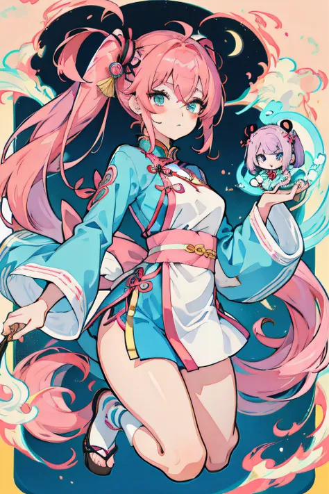 Anime girl with sword, Girl in cheongsam，Has a pink hair，pink twintail hair and cyan eyes，She has a cute face,There are Taoist elements, with acient chinese clothes, cute-style，