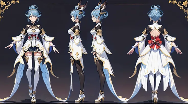 Glossy glossy skin， （Single background，white backgrounid：1.3），multiple views，Multiple views of the same character in the same costume：1.3。masterpiece, character reference sheet, best character design sheet, 1 woman, 20 years old, ((granblue fantasy charact...