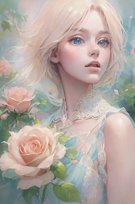 A woman born from a big rose. The petals of the rose gradually take on human form and a beautiful woman is born.effect///Fluffy pastel colors.fine brushes,（XF 35mm F1.4 R,F1.4,maximum aperture,become blunt:1.5） Rough, detailed watercolour, soft and fantast...