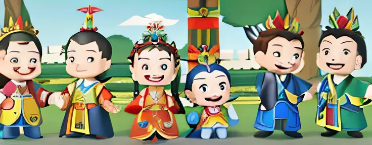 Cartoon characters lined up，Tree background，China Three Kingdoms dressed up，Three kingdoms，Trial scenes，ancient wear，Taosheng，Cao Zhibai，Park Hua，Li Di，Luo Mus source of inspiration。