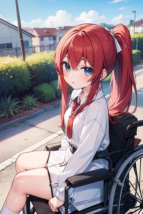 masterpiece, best quality, 1girl, elementary school student, long hair, ((red hair)), waist-length hair, ponytail, blue eyes, on the the roof of a hospital, fence, (sitting in a wheelchair), wearing a patient clothes, ((detail face)), ((expressionless))