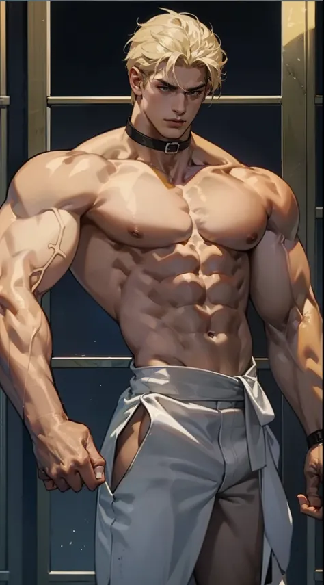 1male people, musculature, Handsome, ((nakeness)), Naked, blond hairbl, Shen Yu, Bust, Best quality at best, tmasterpiece, Perfect body proportion, Correct anatomy, Bad laughs, 耳Nipple Ring, Collar, 2D, Dutch angle, Cowboy shot, High details, Masterpiece