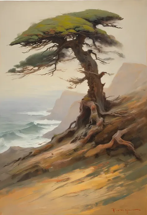 painting of a pruned low Cedar bonsai by the sea with waves. Compact and low windblown Cedar tree on lush eroded dune, surrounded by flowers. misty moisty morning sunrise. One single horizontal curved trunk, thick trunk, roots grabbing around stone, dynami...