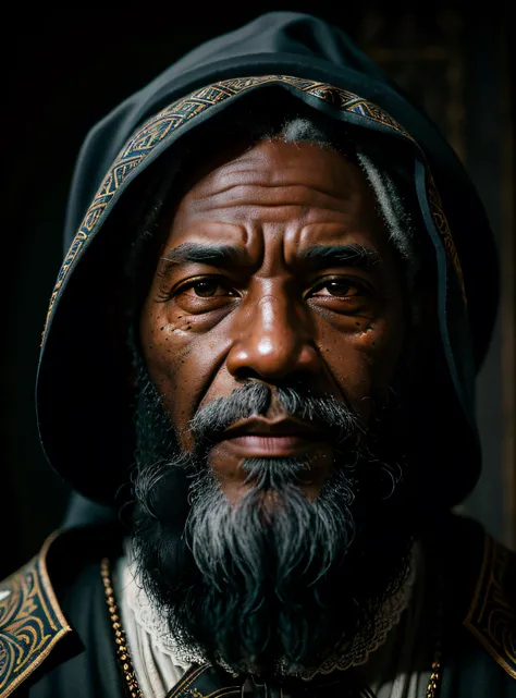 A symmetric portrait of a black wizard, bearded, wrinkled, weathered, with piercing eyes, detailed face, high details, photography, dark studio, rim light, Nikon D850, 50mm, f/1.4