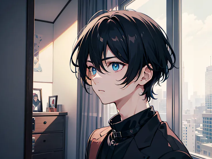 One boy looked surprised，Black color hair，blue color eyes，Handsome，The expression is cold，Being in the room，Illustration anime style，Dark 4K, hyper HD, Masterpiece