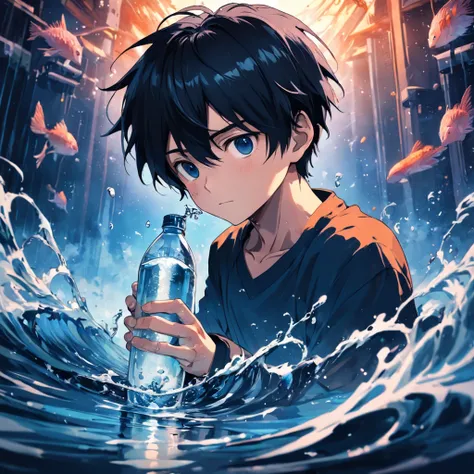 Water canvas in fiber and light art, （1 3 year old boy：1.3）, with short black hair，Hold the bottle, Drink water, High quality, High contrast, ultra fine detailed, Night, At the Fantasy Studio,full bodyesbian，