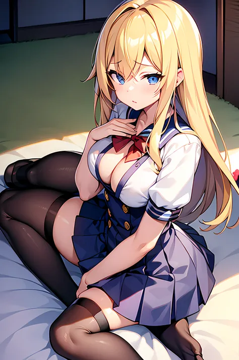 (masterpiece), best quality, expressive eyes, perfect face, anime girl with blonde hair and black stockings sitting on a bed, seductive anime girl, medium_oppai, beautiful alluring anime woman, hajime yatate, emale anime character, official anime still, be...