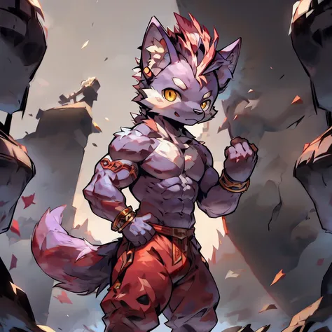 Best quality, Young, 15 year old, Furry, Solo, Male wolf: 1.5, Purple fur: 1.3, Purple Ears, Animal Ear, Yellow eyes, Humanoid hands, Muscular body, Abs, Wearing Shaolin legging, Topless, Standing in the courtyard of Shaolin Temple, Wearing bracelets, Moha...