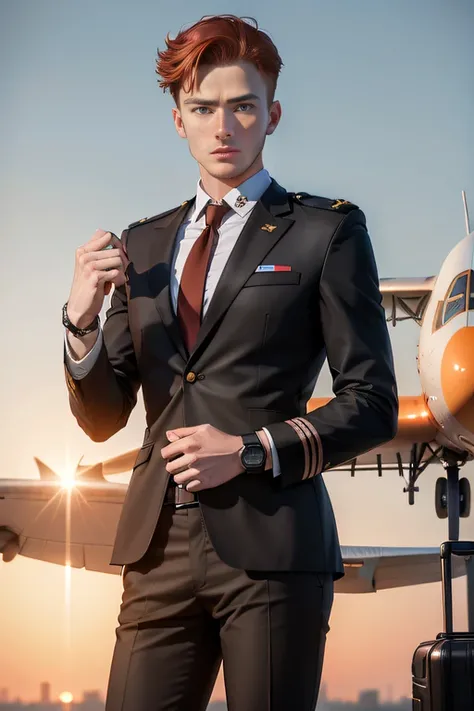 Young European guy, brown-red hair, civilian pilot, Captain with four patches on his sleeves, wears a smartwatch on his right arm, carries a black suit in his hand, Standing at sunset in the evening, Airplane in the background