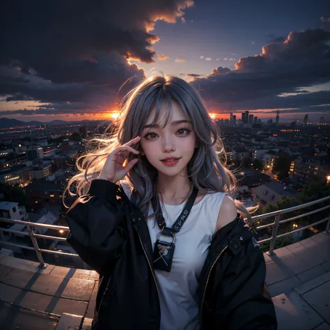 xxmixgirl,1girl, fisheye, selfie, wind, messy hair, sunset, cityscape, (aesthetics and atmosphere:1.2), gray hair,smiling,FilmGirl