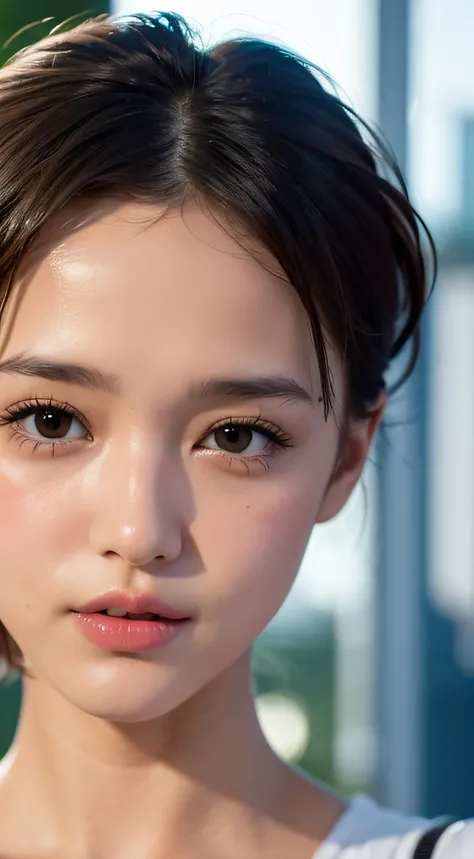 (Rotterdam:1.5), close up, masterpiece, best quality, raw photo, photorealistic, face, incredibly absurdres, beautiful girl, cute, short hair, depth of field, highres, ultra-detailed, finely detail, extremely detailed, extremely detailed eyes and face, sha...