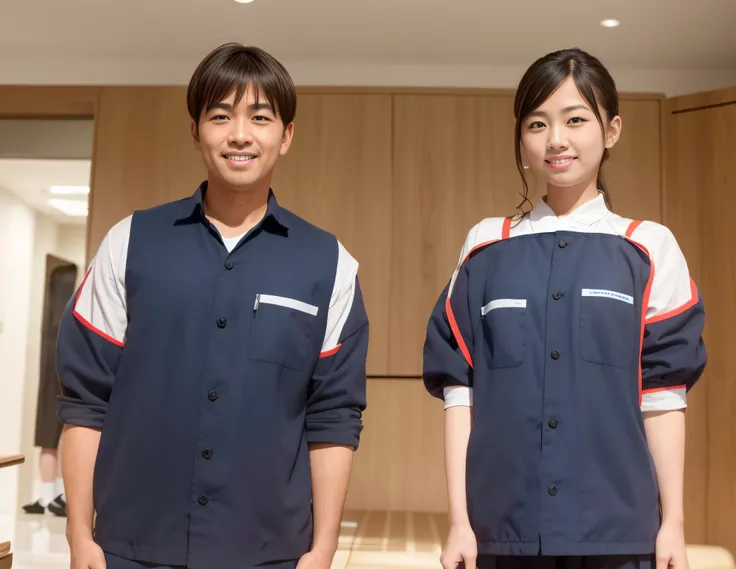 they are two people standing next to each other in a room, Work clothes, Workwear, wearing plumber uniform, wearing rr diner uniform, medium shot of two characters, school uniform Wearing, taken with canon 5d mk4, japanese live action movie, Japan school u...