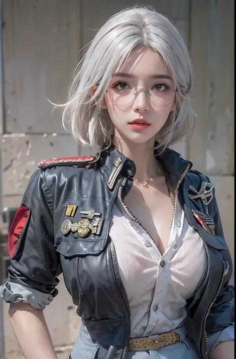 photorealistic, high resolution, 1 women, solo, hips up, look at viewer, (detailed face), white hair, military uniform, Big chest, military glasses, sexy, Open chest, exposed shoulders